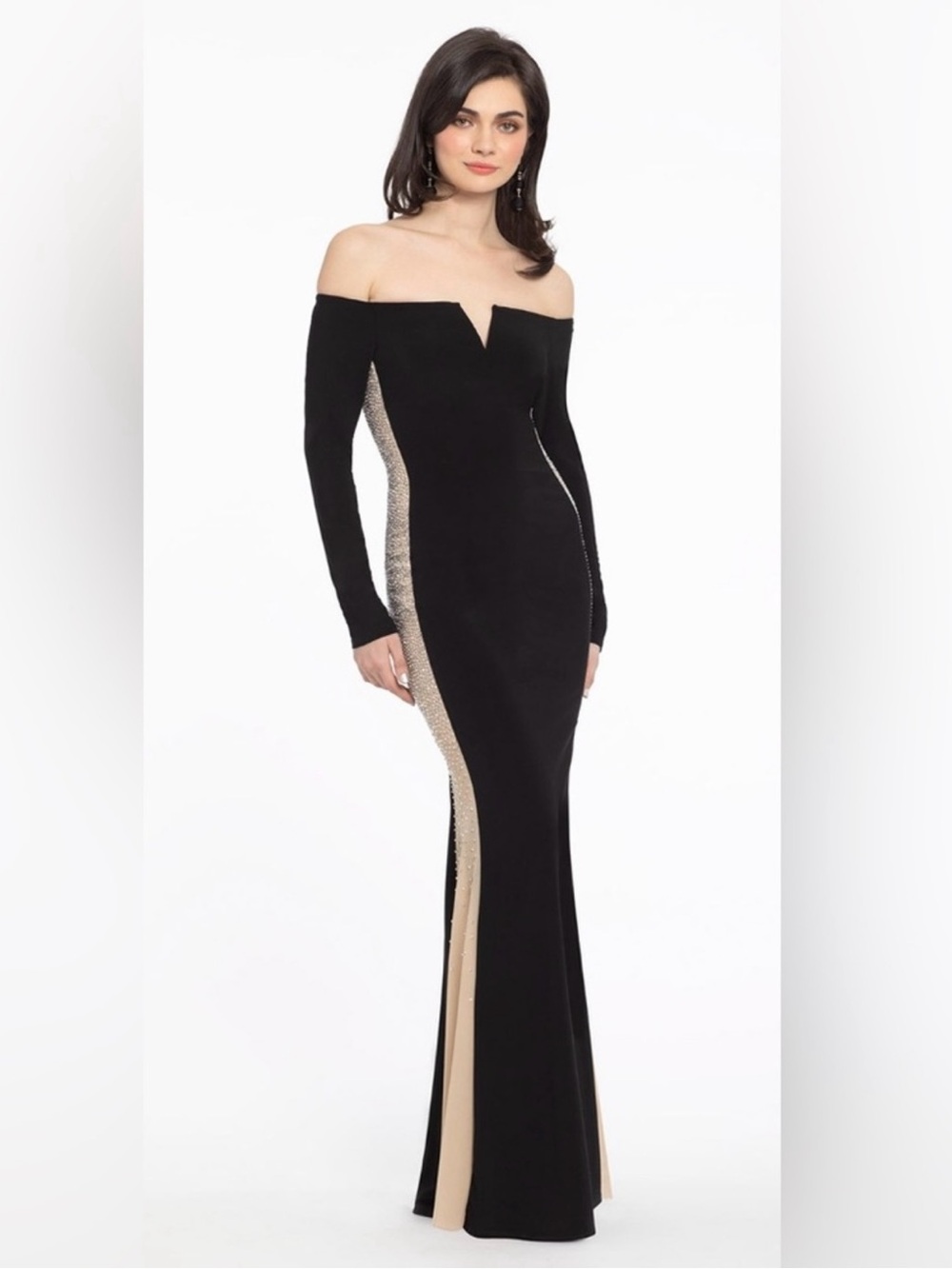 Xscape Black Off-Shoulder Long Sleeve Gown Crystal Embellishment Side Panels - Picture 4 of 16